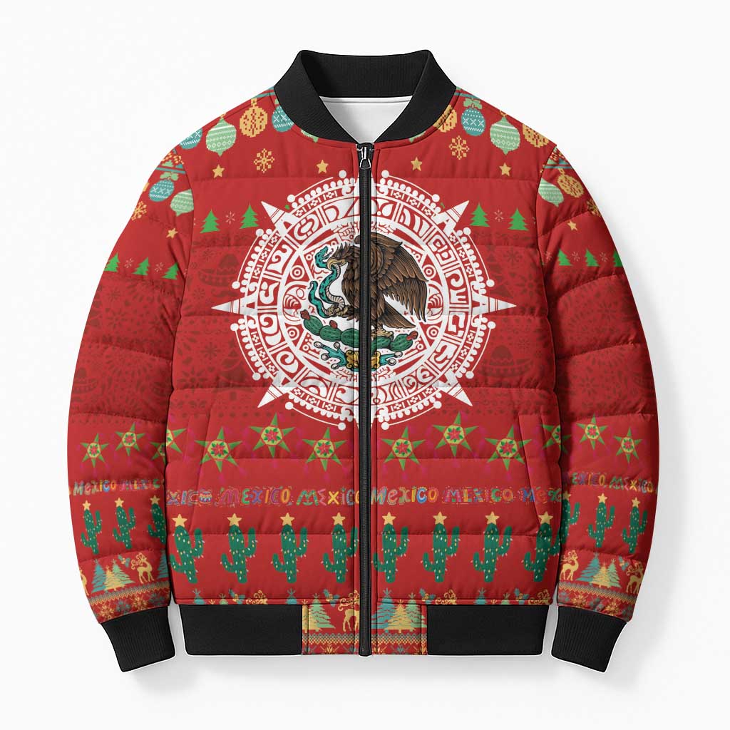 Mexico Merry Christmas Bomber Puffer Jacket Mexican Cultural Emblem Xmas Style - Wonder Print Shop
