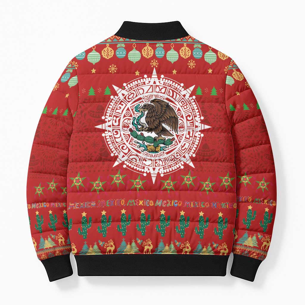 Mexico Merry Christmas Bomber Puffer Jacket Mexican Cultural Emblem Xmas Style - Wonder Print Shop