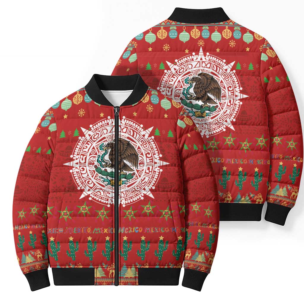 Mexico Merry Christmas Bomber Puffer Jacket Mexican Cultural Emblem Xmas Style - Wonder Print Shop