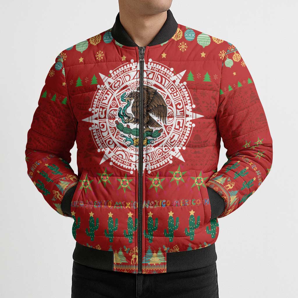 Mexico Merry Christmas Bomber Puffer Jacket Mexican Cultural Emblem Xmas Style - Wonder Print Shop