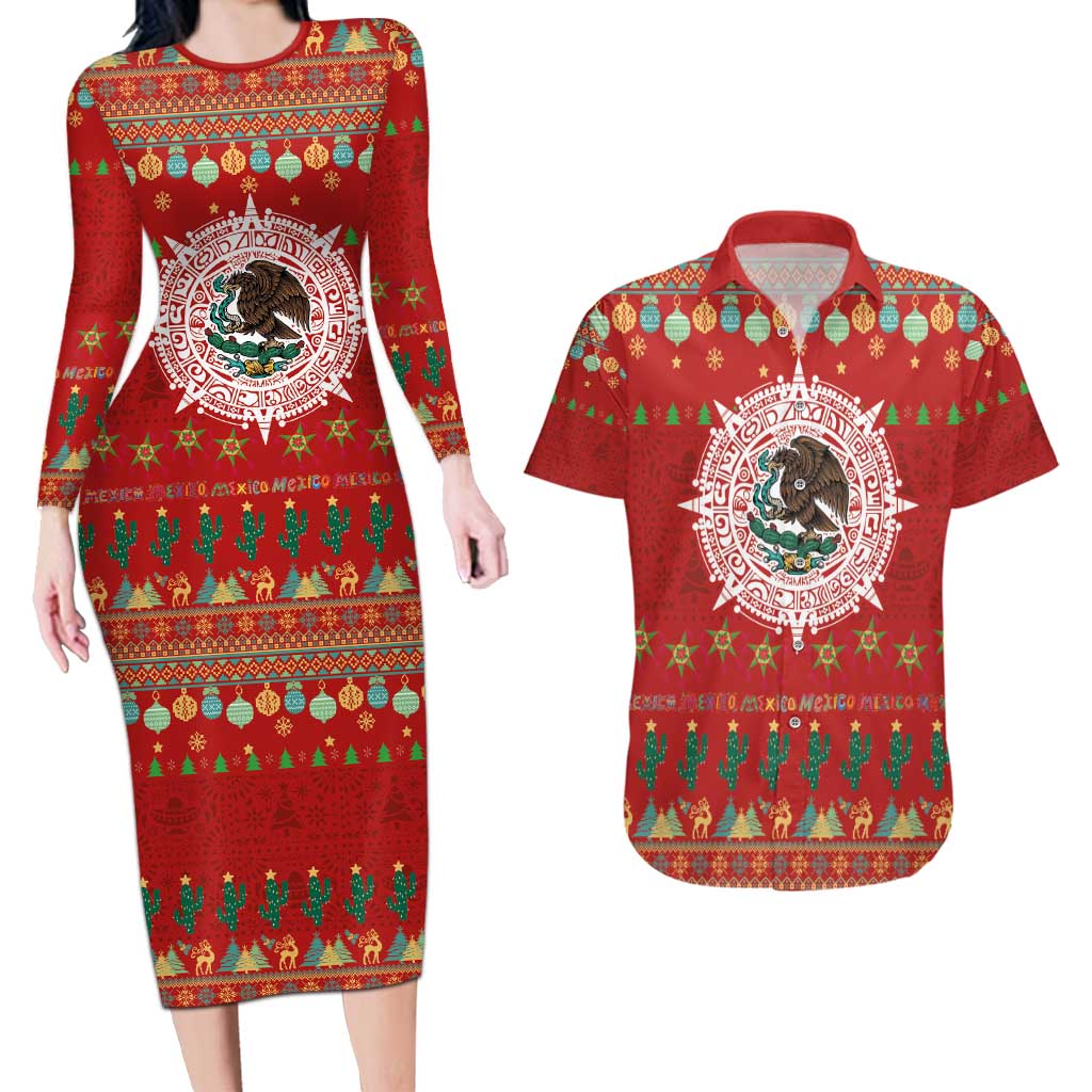 Mexico Merry Christmas Couples Matching Long Sleeve Bodycon Dress and Hawaiian Shirt Mexican Cultural Emblem Xmas Style - Wonder Print Shop