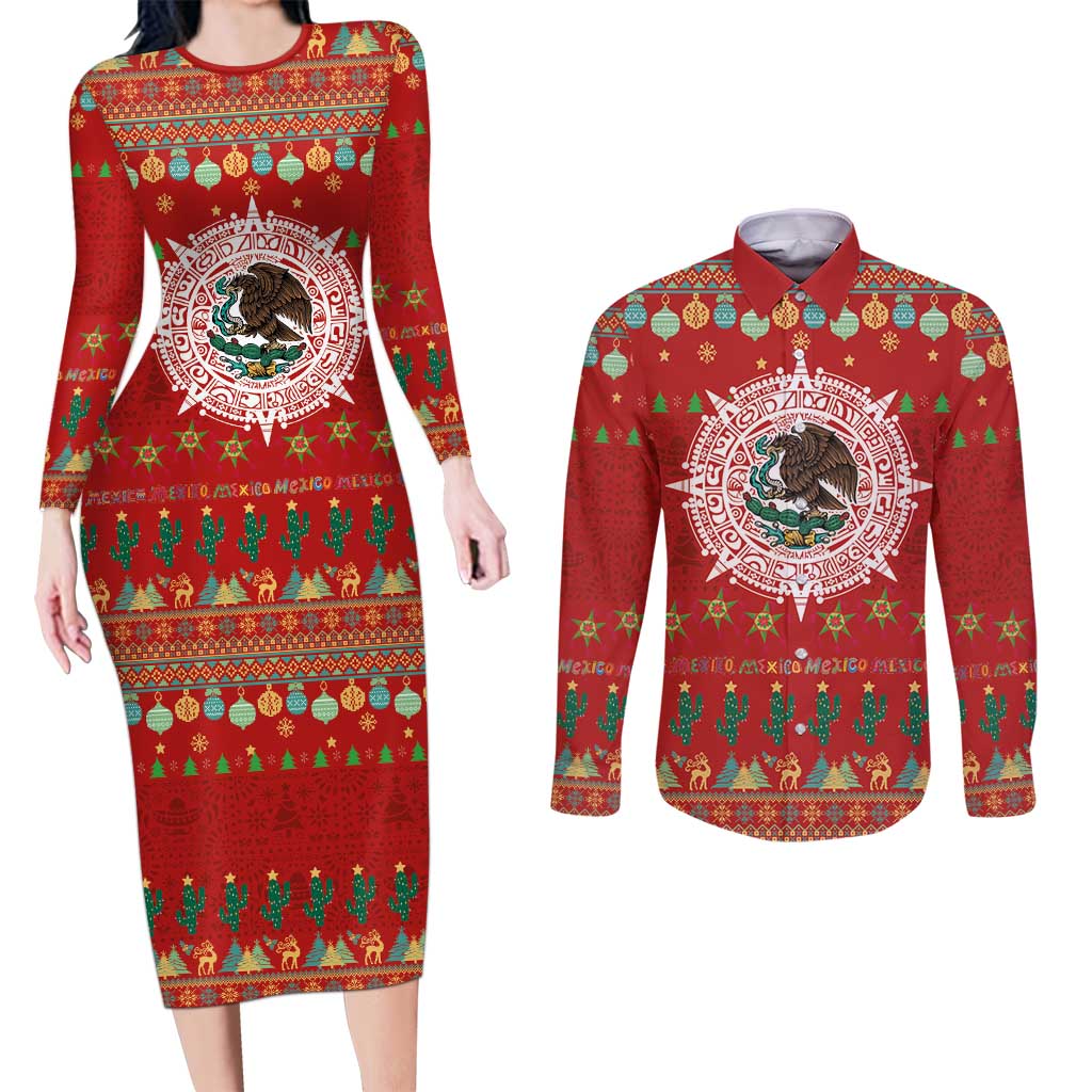 Mexico Merry Christmas Couples Matching Long Sleeve Bodycon Dress and Long Sleeve Button Shirt Mexican Cultural Emblem Xmas Style - Wonder Print Shop