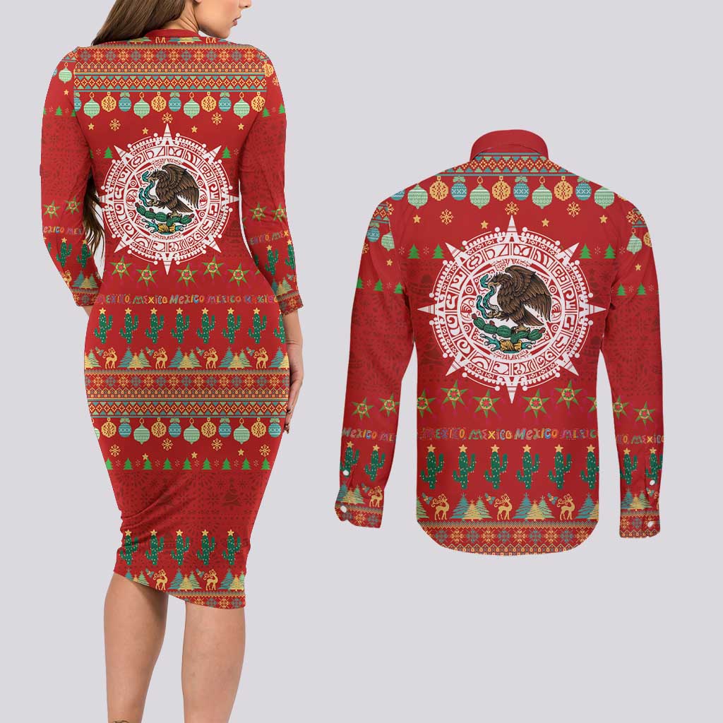 Mexico Merry Christmas Couples Matching Long Sleeve Bodycon Dress and Long Sleeve Button Shirt Mexican Cultural Emblem Xmas Style - Wonder Print Shop