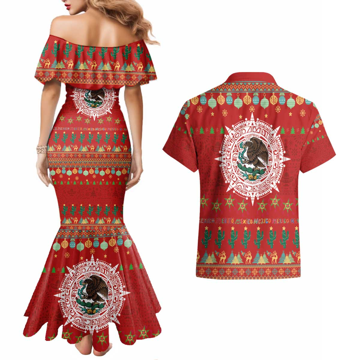 Mexico Merry Christmas Couples Matching Mermaid Dress and Hawaiian Shirt Mexican Cultural Emblem Xmas Style - Wonder Print Shop