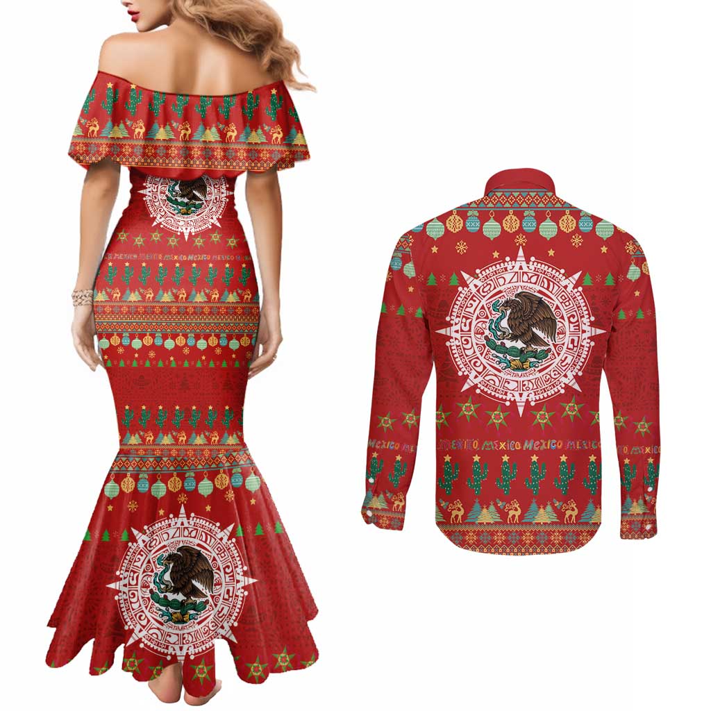 Mexico Merry Christmas Couples Matching Mermaid Dress and Long Sleeve Button Shirt Mexican Cultural Emblem Xmas Style - Wonder Print Shop