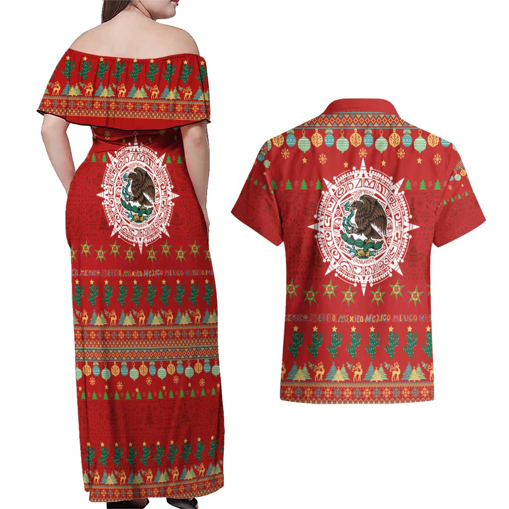 Mexico Merry Christmas Couples Matching Off Shoulder Maxi Dress and Hawaiian Shirt Mexican Cultural Emblem Xmas Style - Wonder Print Shop