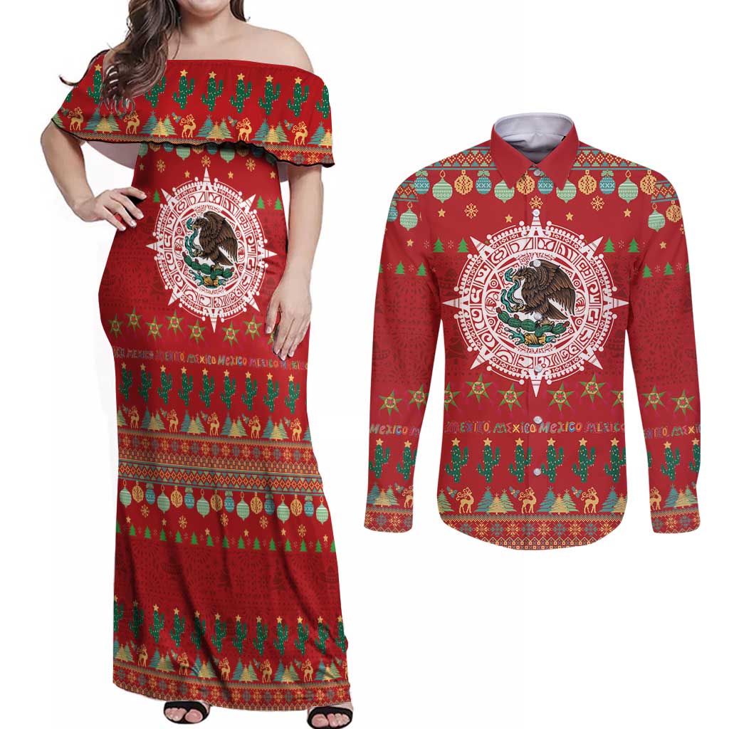 Mexico Merry Christmas Couples Matching Off Shoulder Maxi Dress and Long Sleeve Button Shirt Mexican Cultural Emblem Xmas Style - Wonder Print Shop