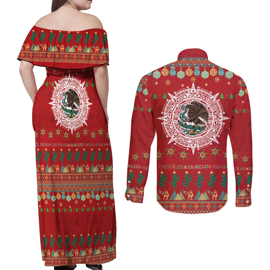 Mexico Merry Christmas Couples Matching Off Shoulder Maxi Dress and Long Sleeve Button Shirt Mexican Cultural Emblem Xmas Style - Wonder Print Shop