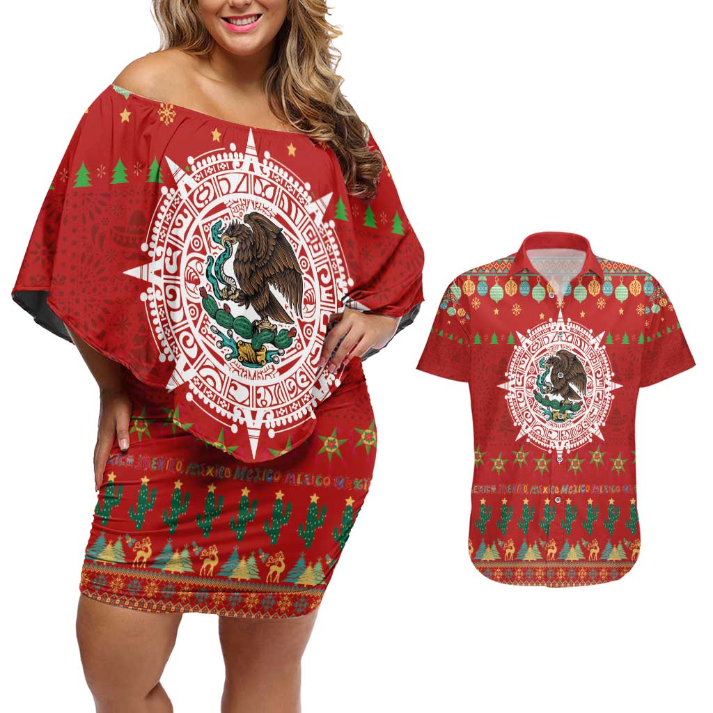 Mexico Merry Christmas Couples Matching Off Shoulder Short Dress and Hawaiian Shirt Mexican Cultural Emblem Xmas Style - Wonder Print Shop