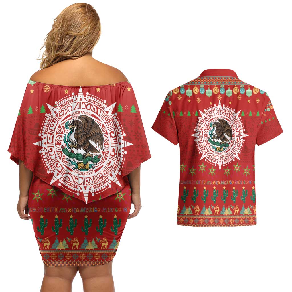 Mexico Merry Christmas Couples Matching Off Shoulder Short Dress and Hawaiian Shirt Mexican Cultural Emblem Xmas Style - Wonder Print Shop