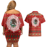 Mexico Merry Christmas Couples Matching Off Shoulder Short Dress and Hawaiian Shirt Mexican Cultural Emblem Xmas Style - Wonder Print Shop