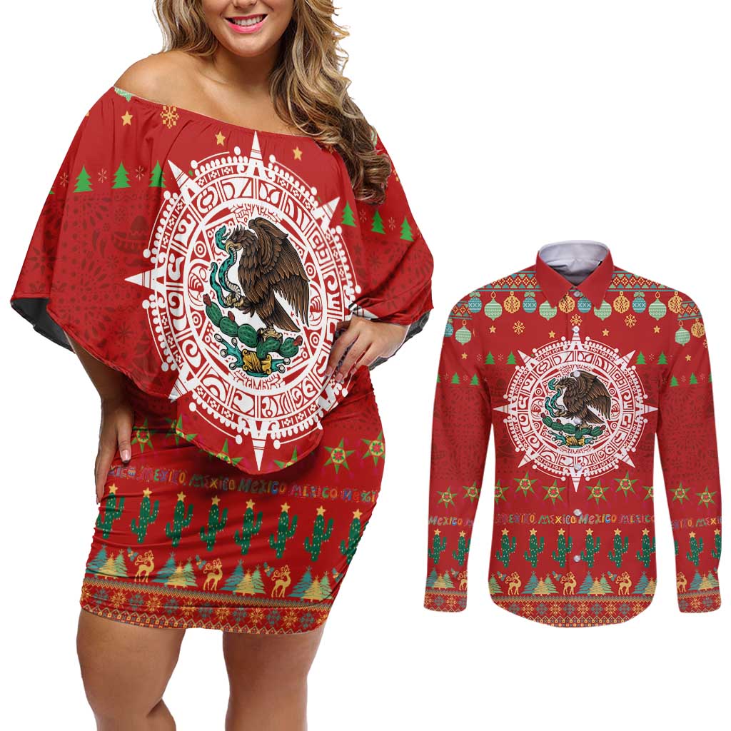 Mexico Merry Christmas Couples Matching Off Shoulder Short Dress and Long Sleeve Button Shirt Mexican Cultural Emblem Xmas Style - Wonder Print Shop