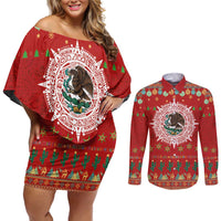 Mexico Merry Christmas Couples Matching Off Shoulder Short Dress and Long Sleeve Button Shirt Mexican Cultural Emblem Xmas Style - Wonder Print Shop