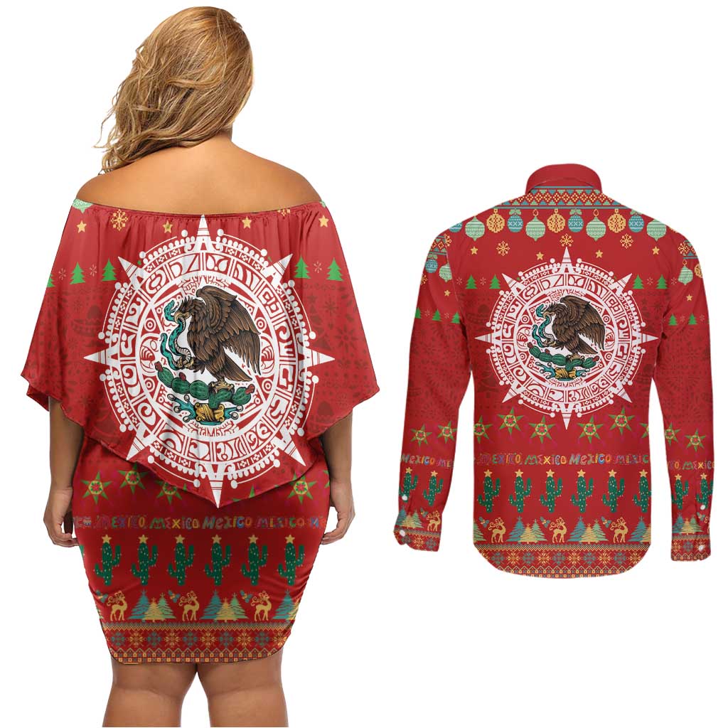 Mexico Merry Christmas Couples Matching Off Shoulder Short Dress and Long Sleeve Button Shirt Mexican Cultural Emblem Xmas Style - Wonder Print Shop