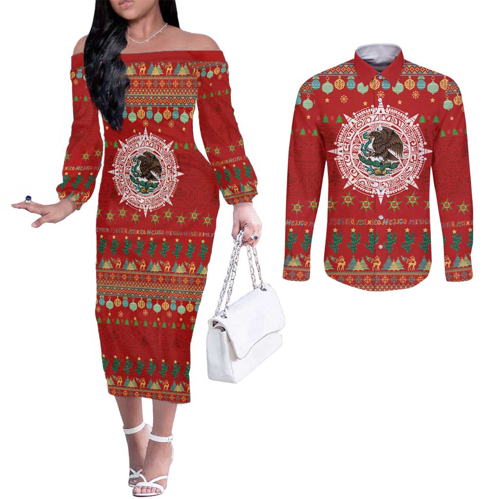 Mexico Merry Christmas Couples Matching Off The Shoulder Long Sleeve Dress and Long Sleeve Button Shirt Mexican Cultural Emblem Xmas Style - Wonder Print Shop