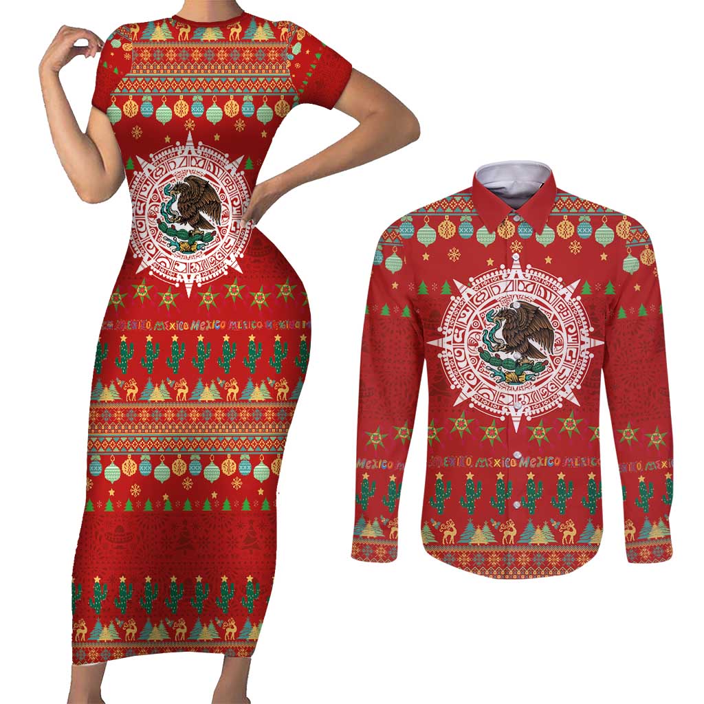 Mexico Merry Christmas Couples Matching Short Sleeve Bodycon Dress and Long Sleeve Button Shirt Mexican Cultural Emblem Xmas Style - Wonder Print Shop