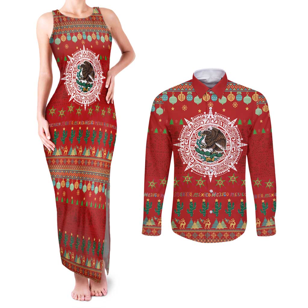 Mexico Merry Christmas Couples Matching Tank Maxi Dress and Long Sleeve Button Shirt Mexican Cultural Emblem Xmas Style - Wonder Print Shop