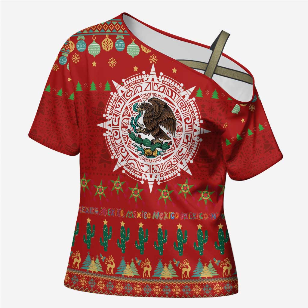 Mexico Merry Christmas Cross Shoulder Shirt Mexican Cultural Emblem Xmas Style - Wonder Print Shop