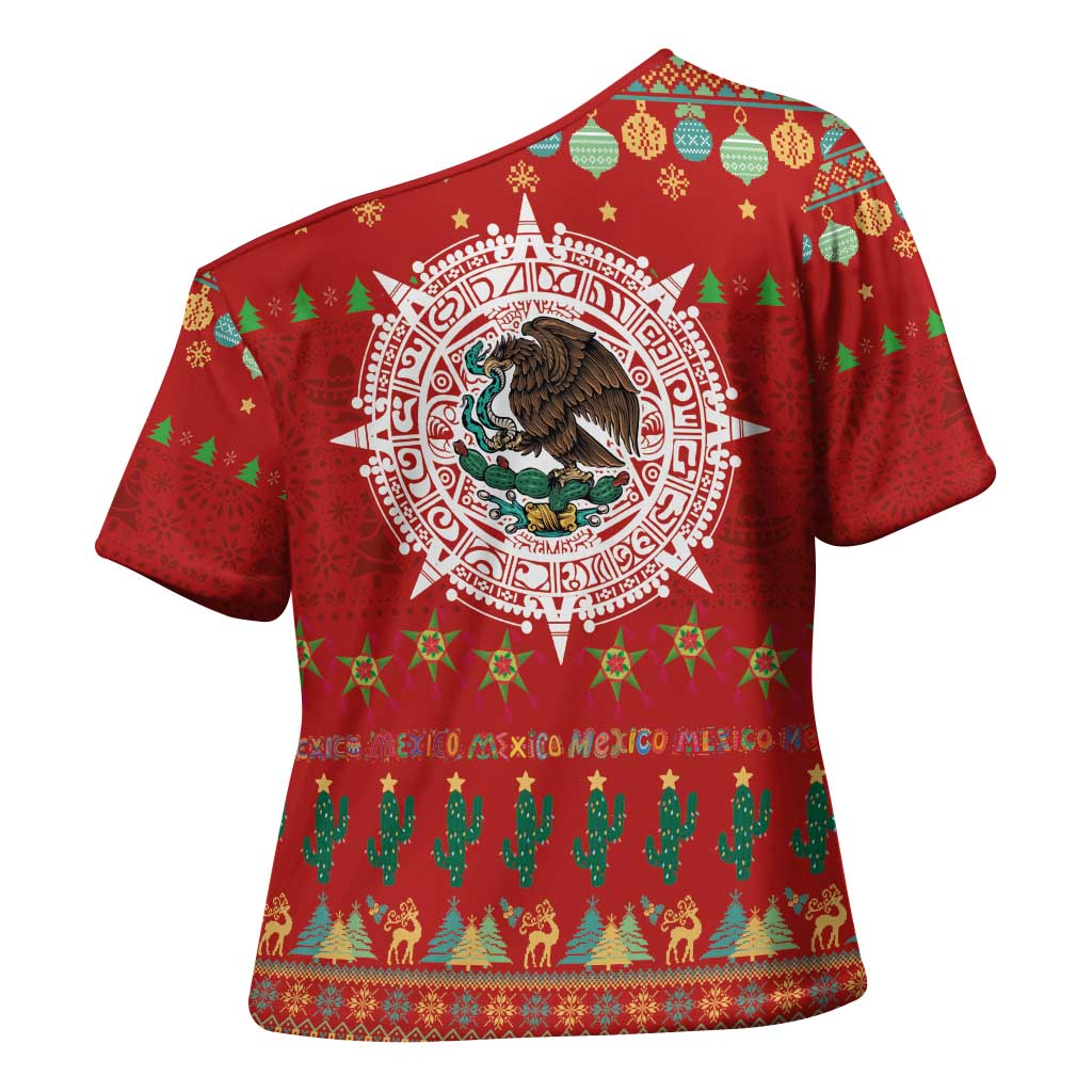 Mexico Merry Christmas Cross Shoulder Shirt Mexican Cultural Emblem Xmas Style - Wonder Print Shop