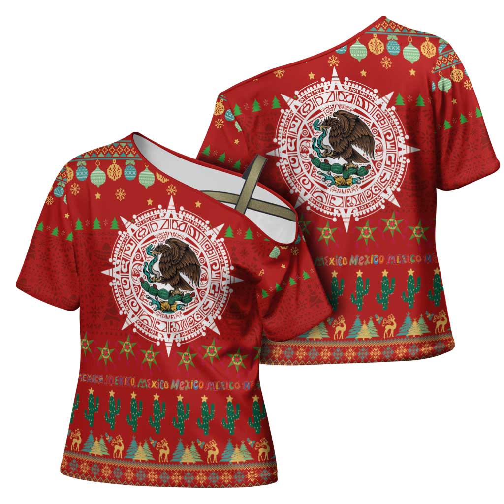 Mexico Merry Christmas Cross Shoulder Shirt Mexican Cultural Emblem Xmas Style - Wonder Print Shop