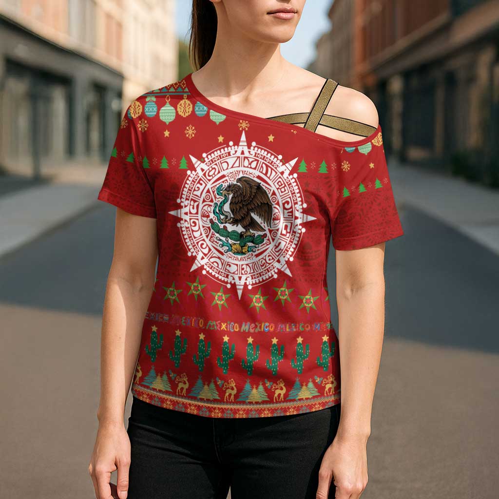 Mexico Merry Christmas Cross Shoulder Shirt Mexican Cultural Emblem Xmas Style - Wonder Print Shop