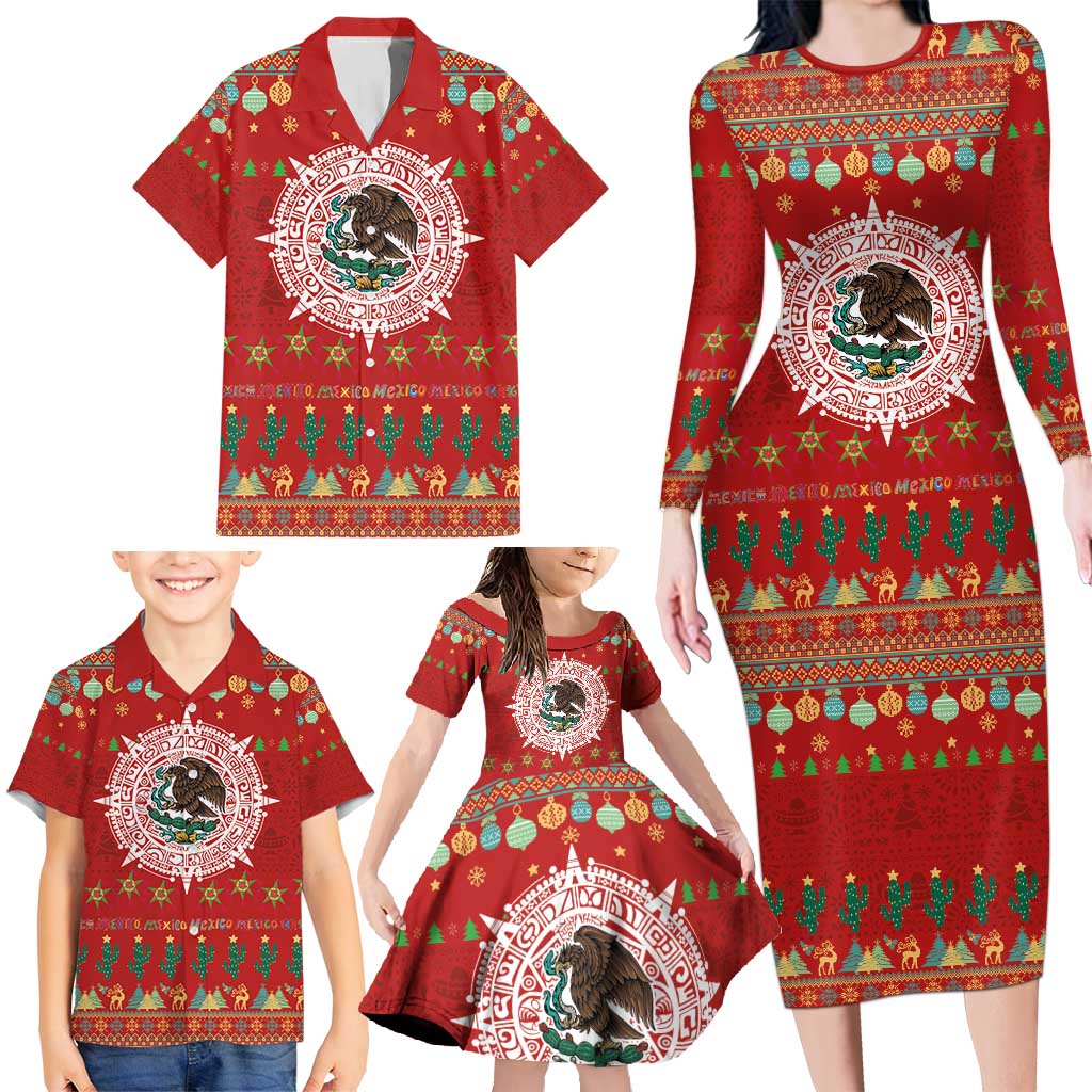 Mexico Merry Christmas Family Matching Long Sleeve Bodycon Dress and Hawaiian Shirt Mexican Cultural Emblem Xmas Style - Wonder Print Shop