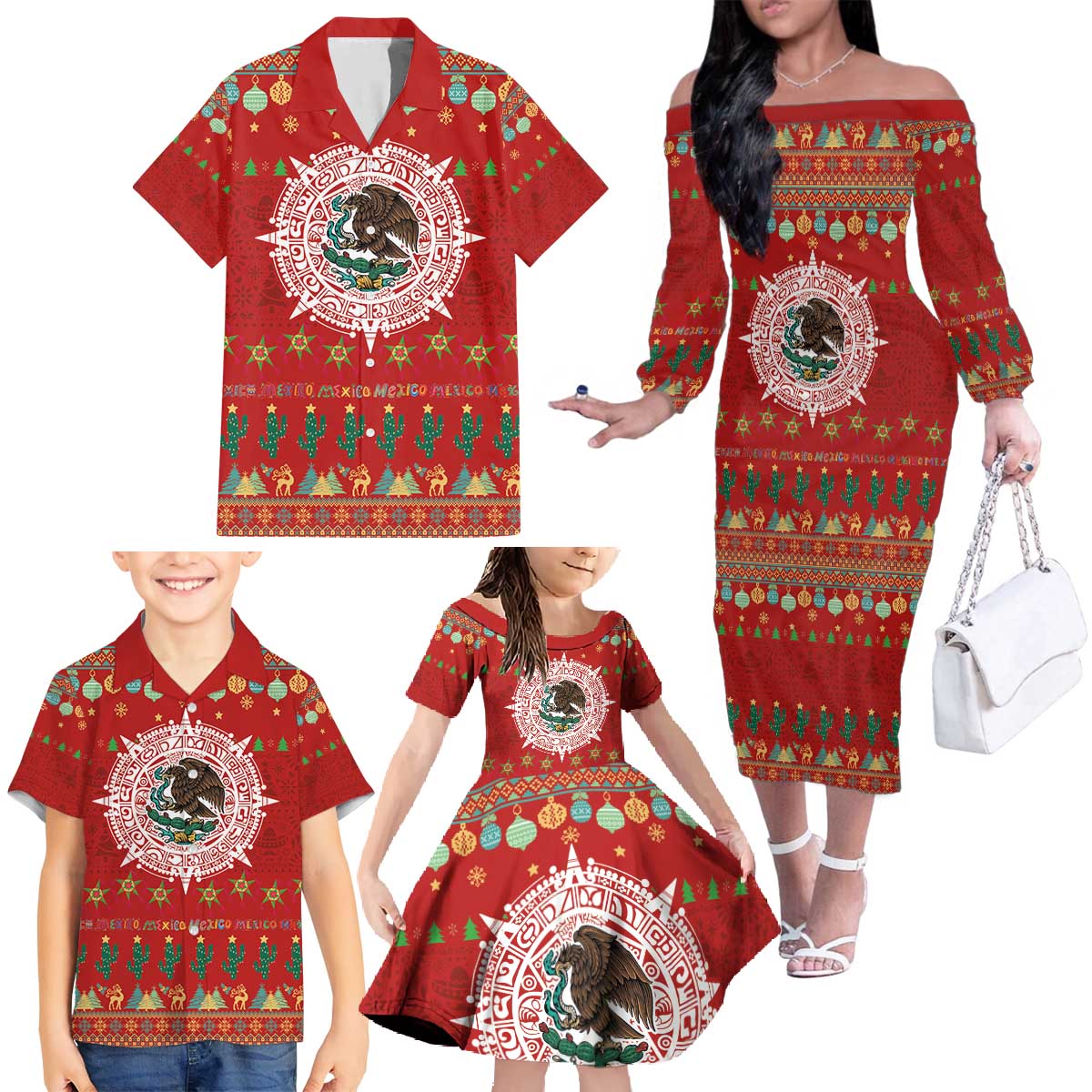 Mexico Merry Christmas Family Matching Off The Shoulder Long Sleeve Dress and Hawaiian Shirt Mexican Cultural Emblem Xmas Style - Wonder Print Shop
