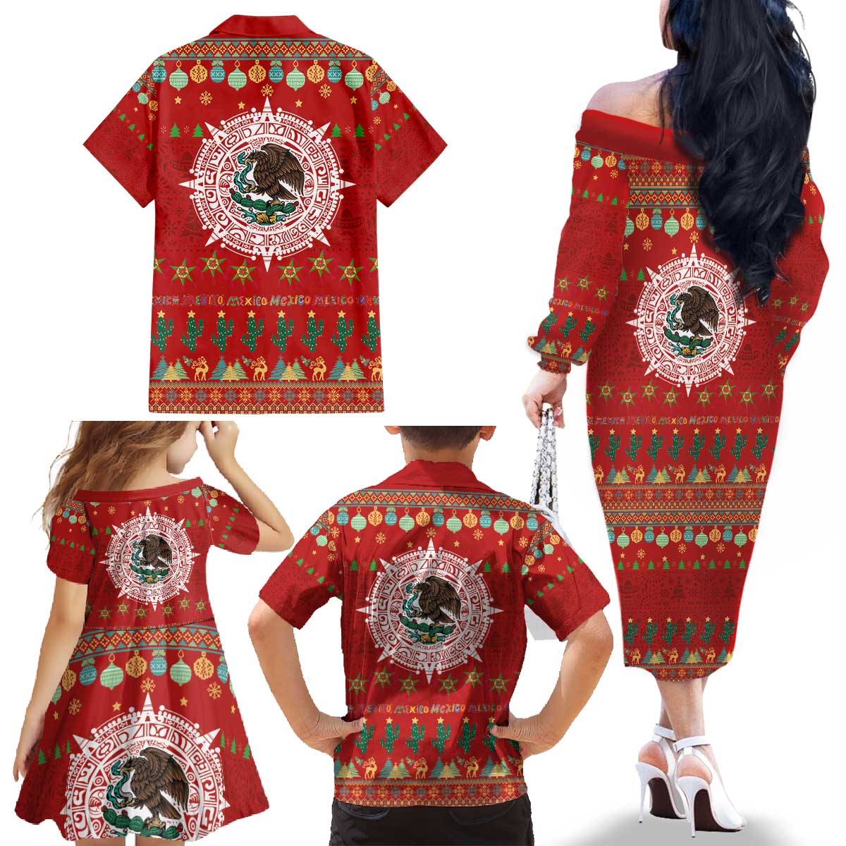 Mexico Merry Christmas Family Matching Off The Shoulder Long Sleeve Dress and Hawaiian Shirt Mexican Cultural Emblem Xmas Style - Wonder Print Shop