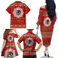 Mexico Merry Christmas Family Matching Off The Shoulder Long Sleeve Dress and Hawaiian Shirt Mexican Cultural Emblem Xmas Style - Wonder Print Shop