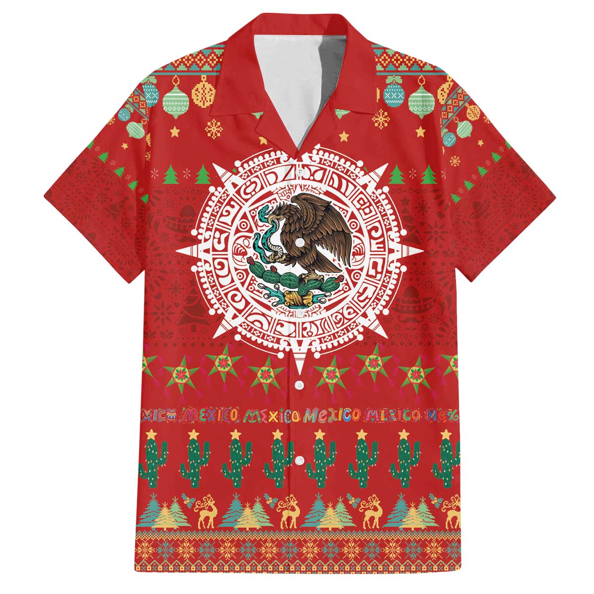 Mexico Merry Christmas Family Matching Off The Shoulder Long Sleeve Dress and Hawaiian Shirt Mexican Cultural Emblem Xmas Style - Wonder Print Shop