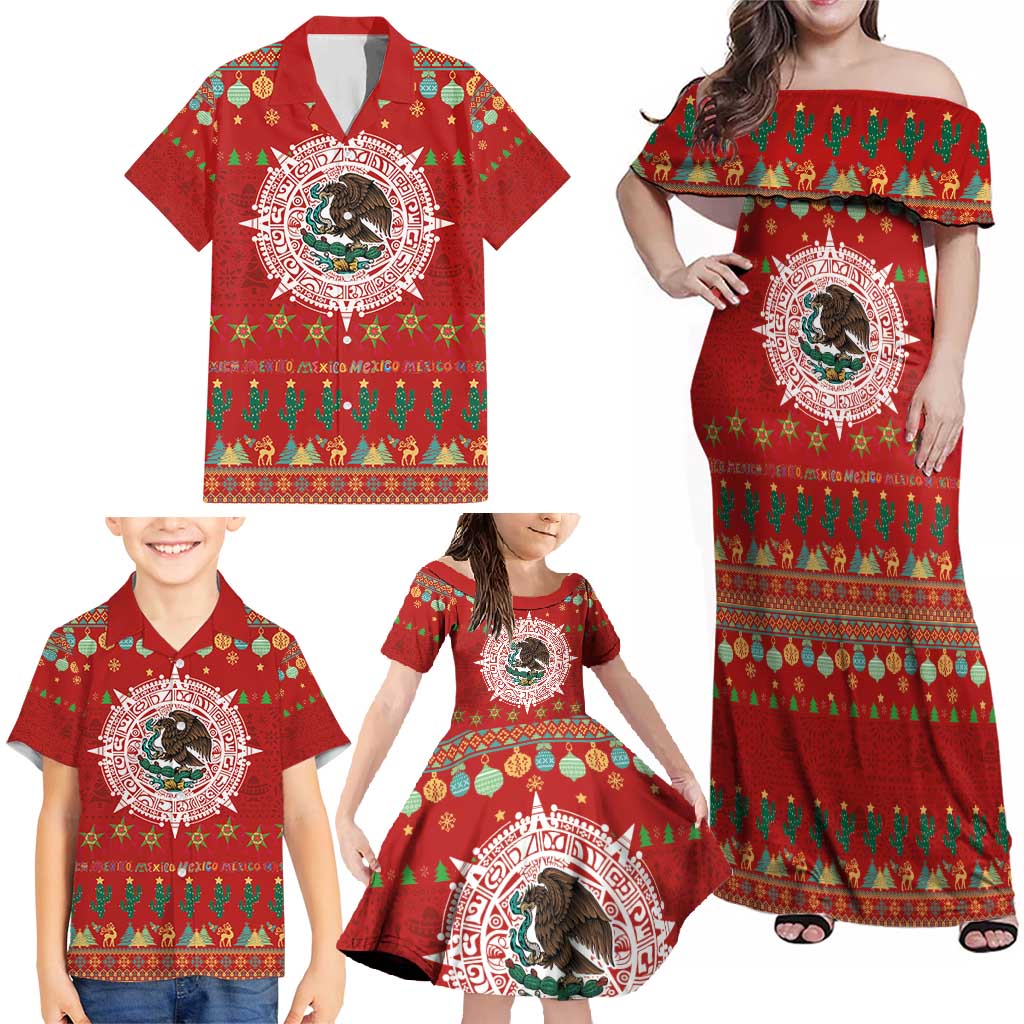 Mexico Merry Christmas Family Matching Off Shoulder Maxi Dress and Hawaiian Shirt Mexican Cultural Emblem Xmas Style - Wonder Print Shop