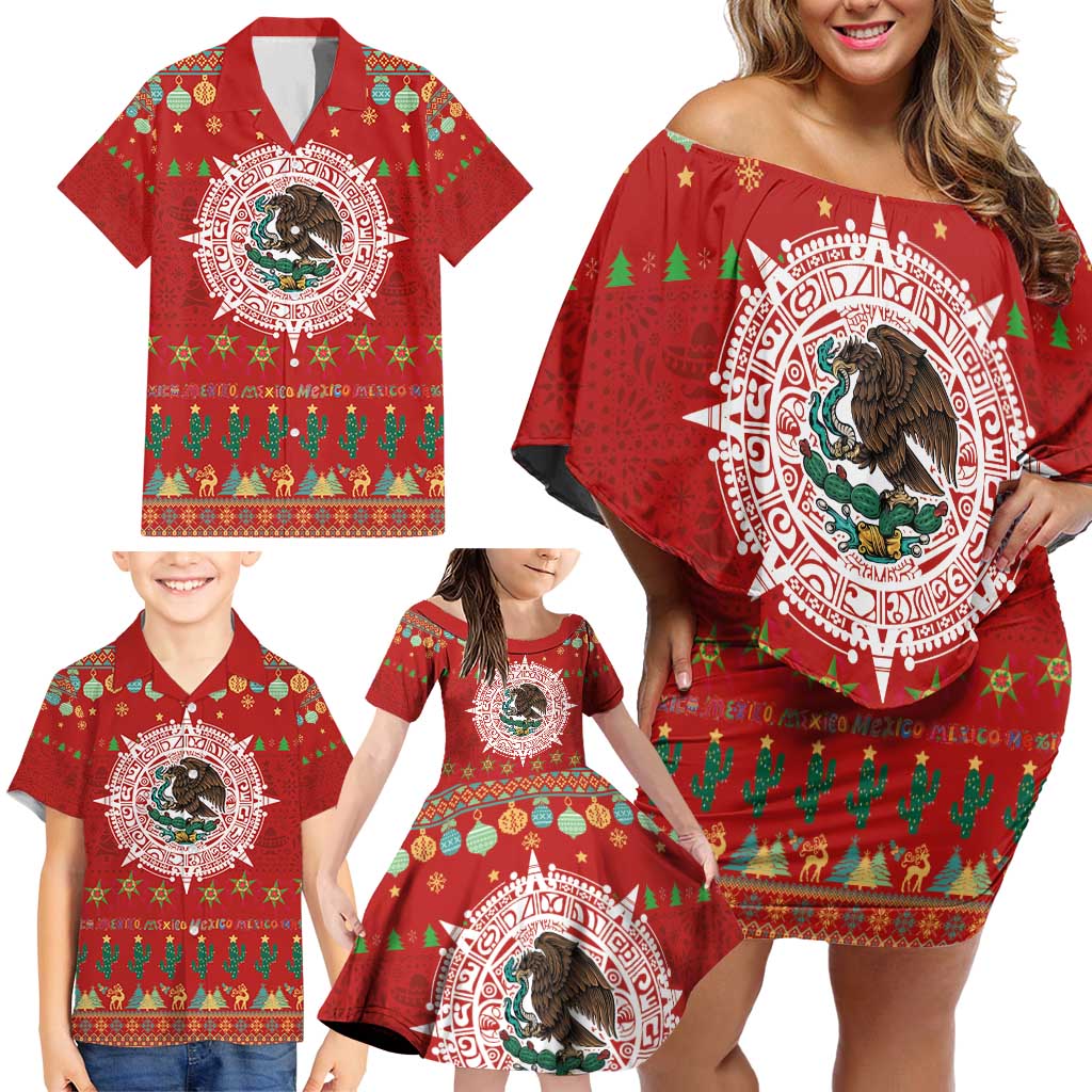 Mexico Merry Christmas Family Matching Off Shoulder Short Dress and Hawaiian Shirt Mexican Cultural Emblem Xmas Style - Wonder Print Shop