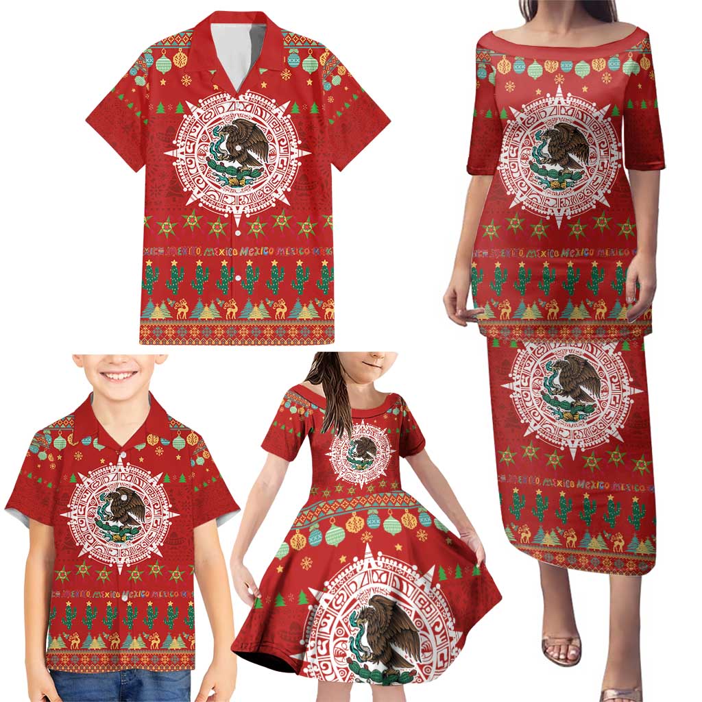 Mexico Merry Christmas Family Matching Puletasi and Hawaiian Shirt Mexican Cultural Emblem Xmas Style - Wonder Print Shop