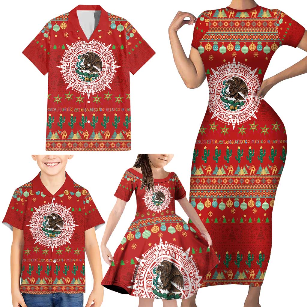 Mexico Merry Christmas Family Matching Short Sleeve Bodycon Dress and Hawaiian Shirt Mexican Cultural Emblem Xmas Style - Wonder Print Shop