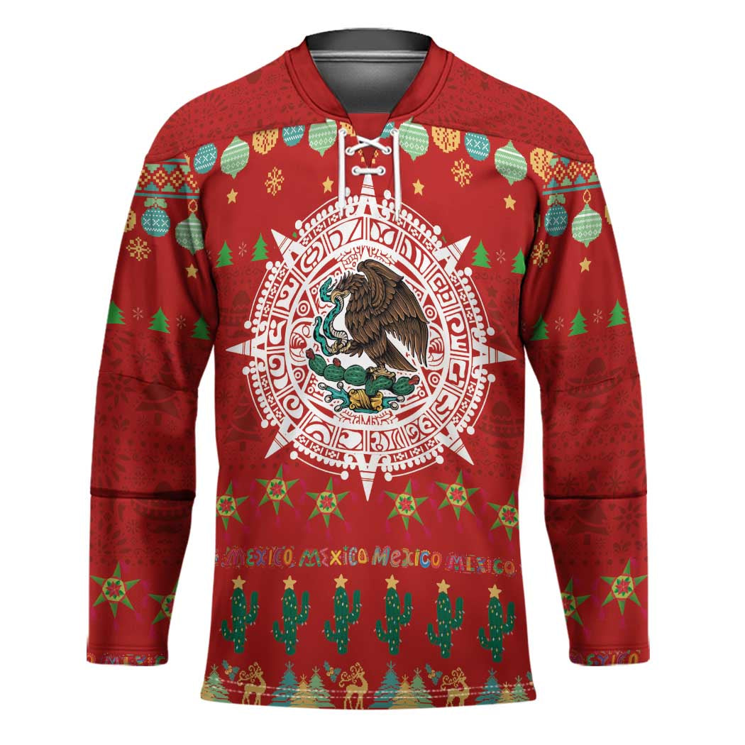 Mexico Merry Christmas Hockey Jersey Mexican Cultural Emblem Xmas Style - Wonder Print Shop