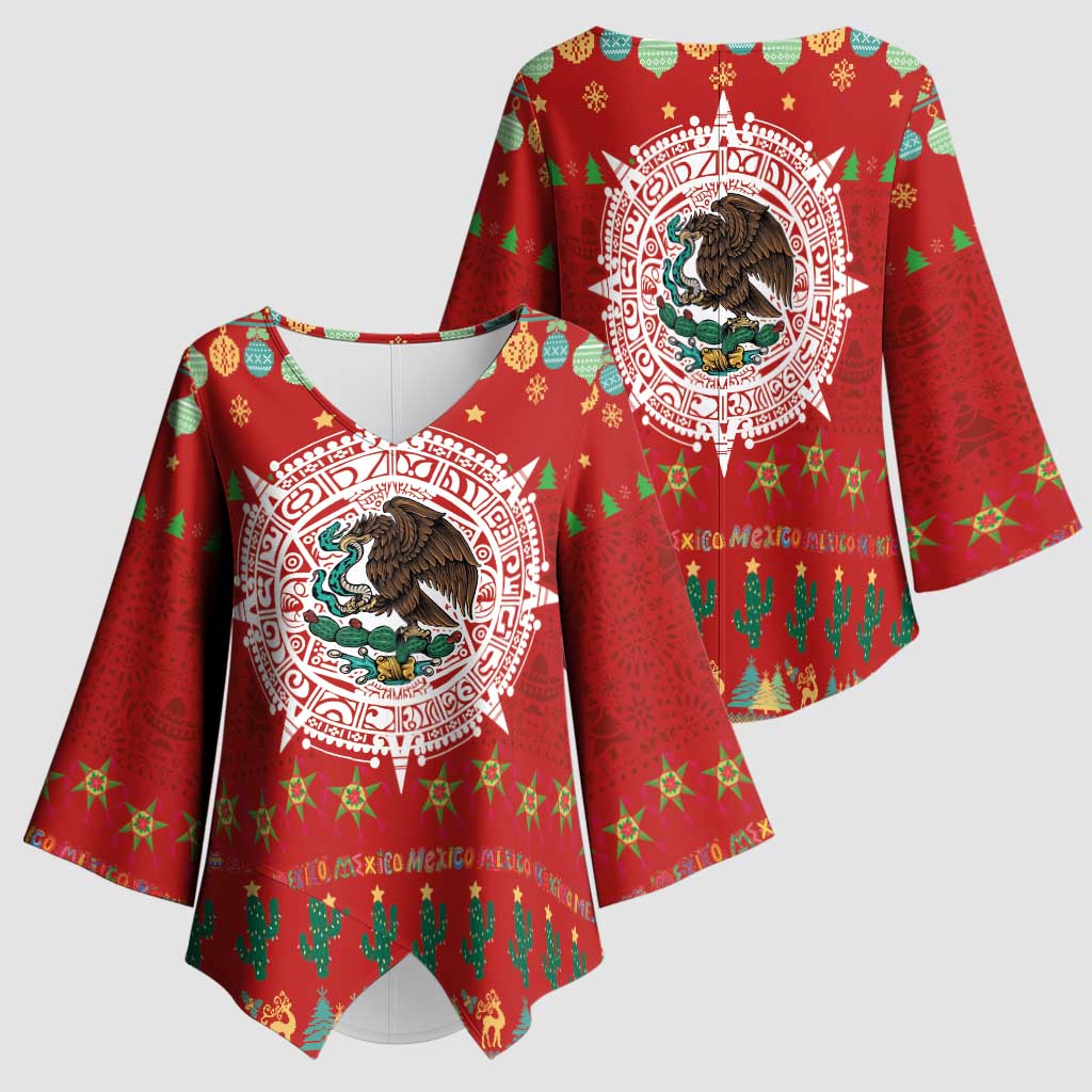 Mexico Merry Christmas Kimono Sleeve Blouse Mexican Cultural Emblem Xmas Style - Wonder Print Shop