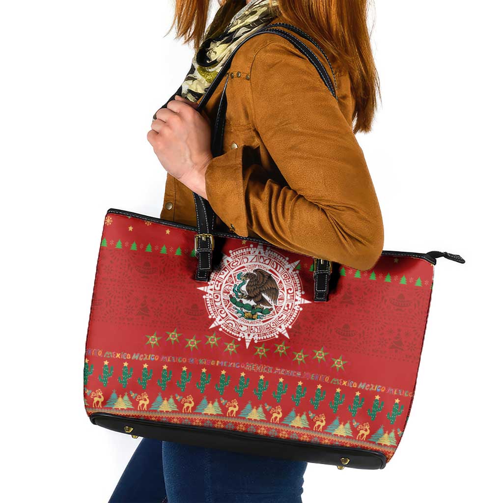 Mexico Merry Christmas Leather Tote Bag Mexican Cultural Emblem Xmas Style - Wonder Print Shop