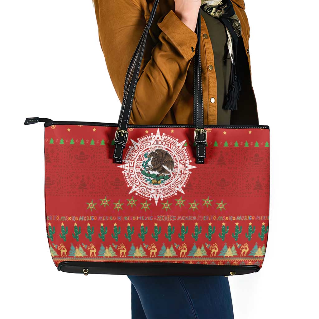 Mexico Merry Christmas Leather Tote Bag Mexican Cultural Emblem Xmas Style - Wonder Print Shop