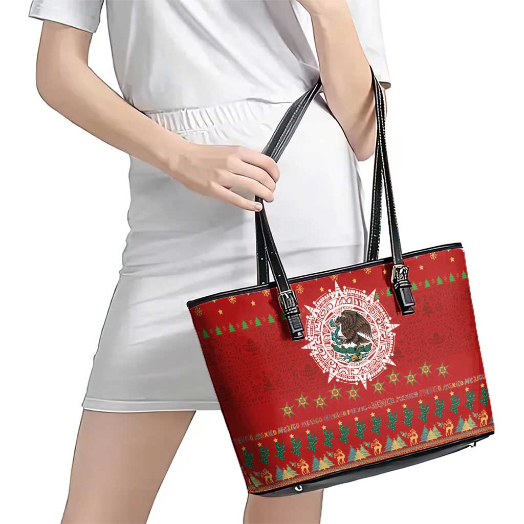 Mexico Merry Christmas Leather Tote Bag Mexican Cultural Emblem Xmas Style - Wonder Print Shop