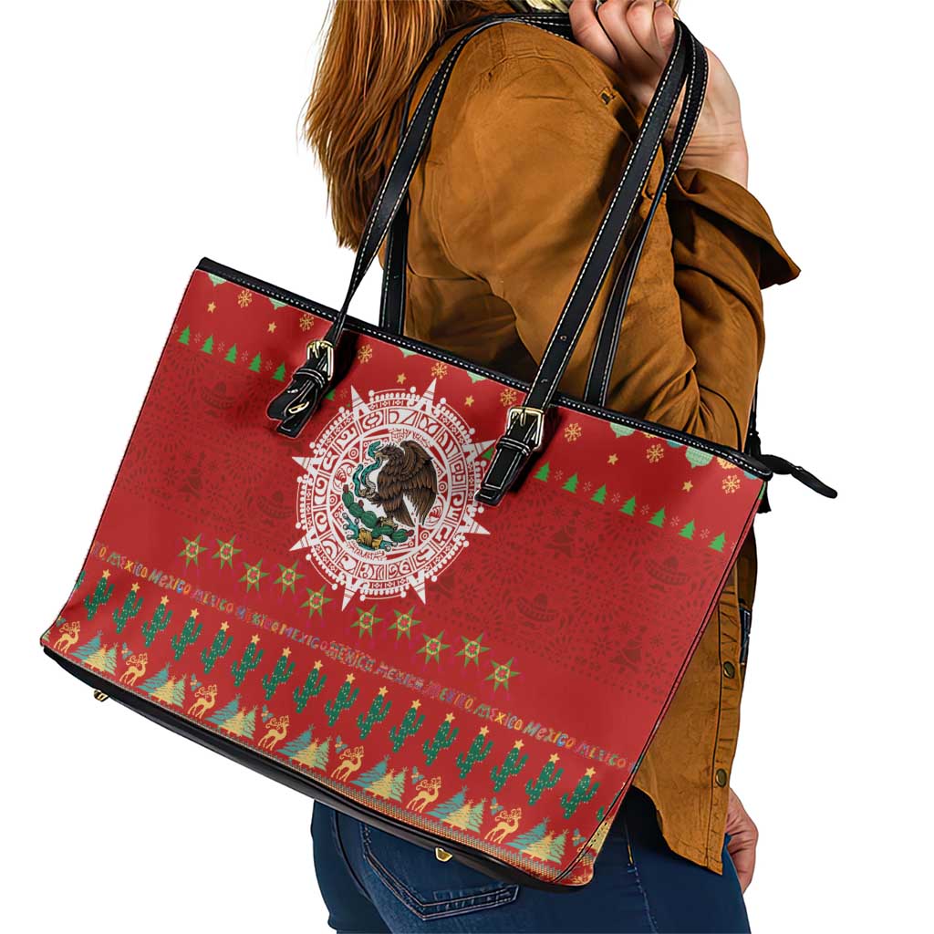 Mexico Merry Christmas Leather Tote Bag Mexican Cultural Emblem Xmas Style - Wonder Print Shop