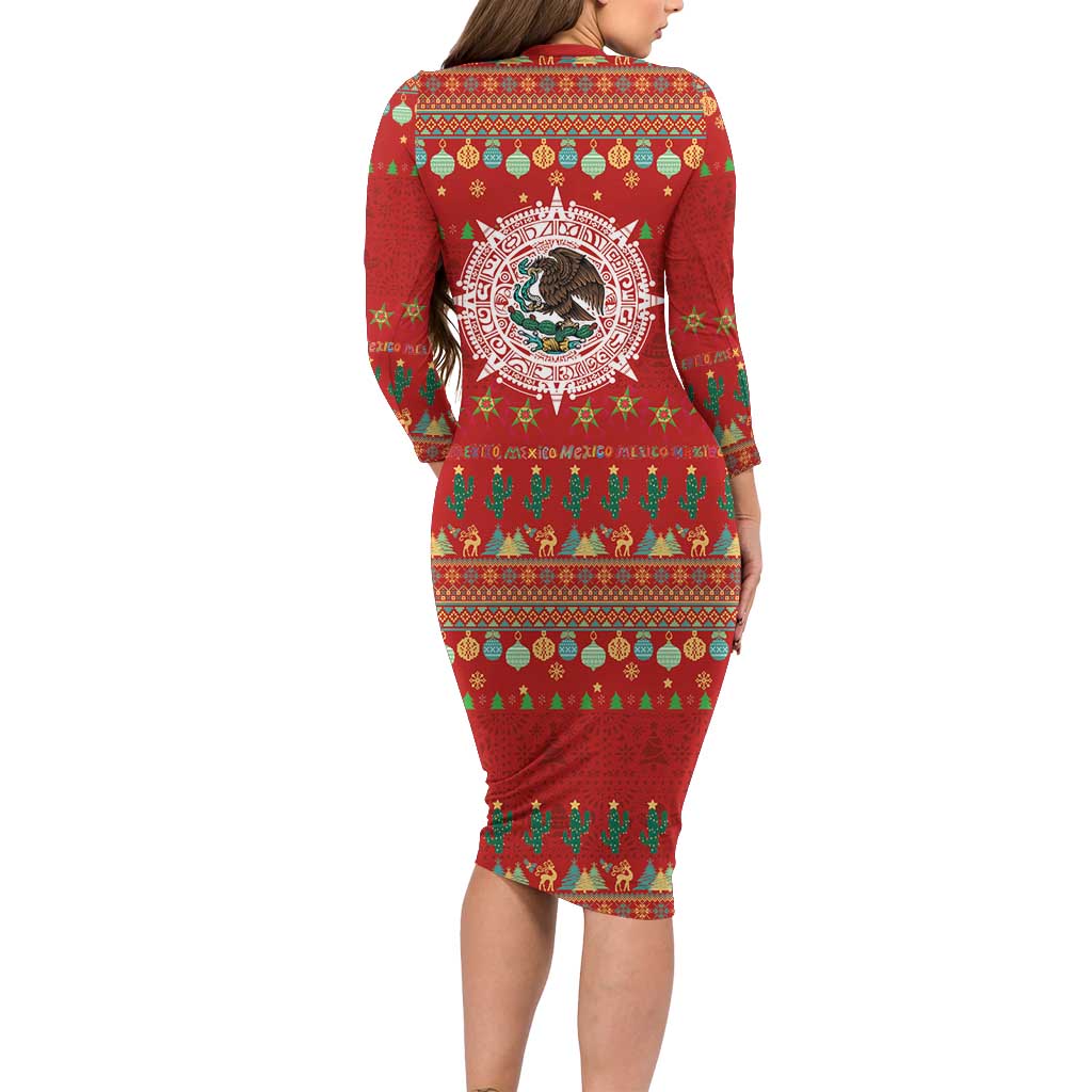 Mexico Merry Christmas Long Sleeve Bodycon Dress Mexican Cultural Emblem Xmas Style - Wonder Print Shop