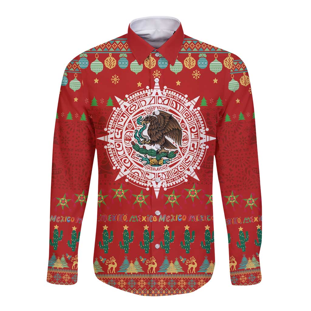 Mexico Merry Christmas Long Sleeve Button Shirt Mexican Cultural Emblem Xmas Style - Wonder Print Shop