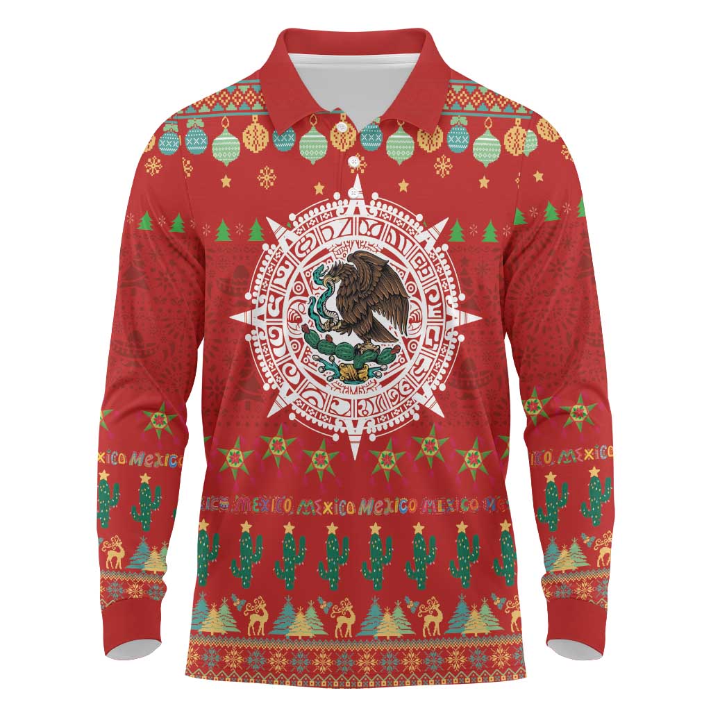 Mexico Merry Christmas Long Sleeve Polo Shirt Mexican Cultural Emblem Xmas Style - Wonder Print Shop