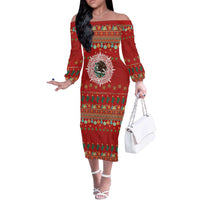Mexico Merry Christmas Off The Shoulder Long Sleeve Dress Mexican Cultural Emblem Xmas Style - Wonder Print Shop