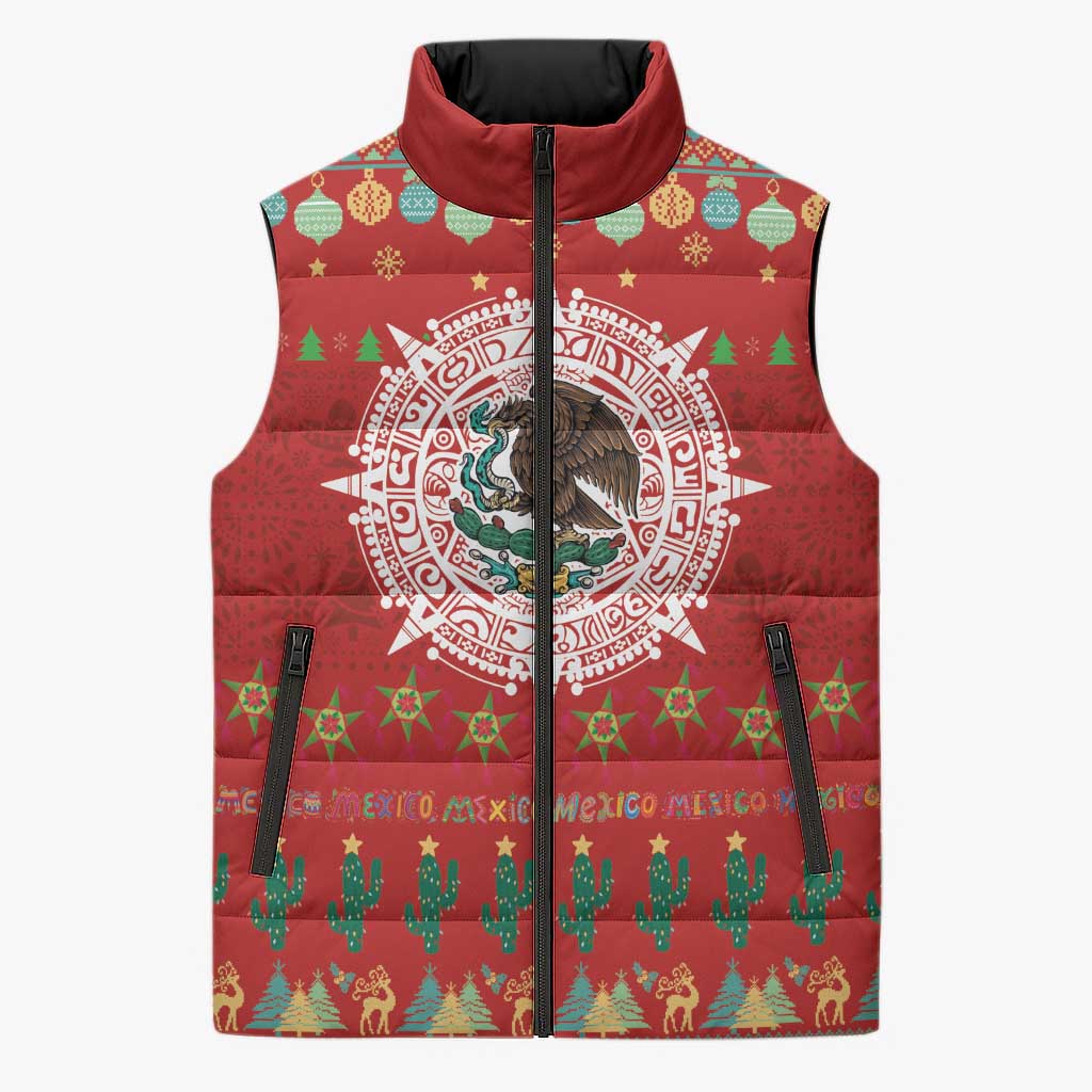 Mexico Merry Christmas Sleeveless Puffer Jacket Mexican Cultural Emblem Xmas Style - Wonder Print Shop