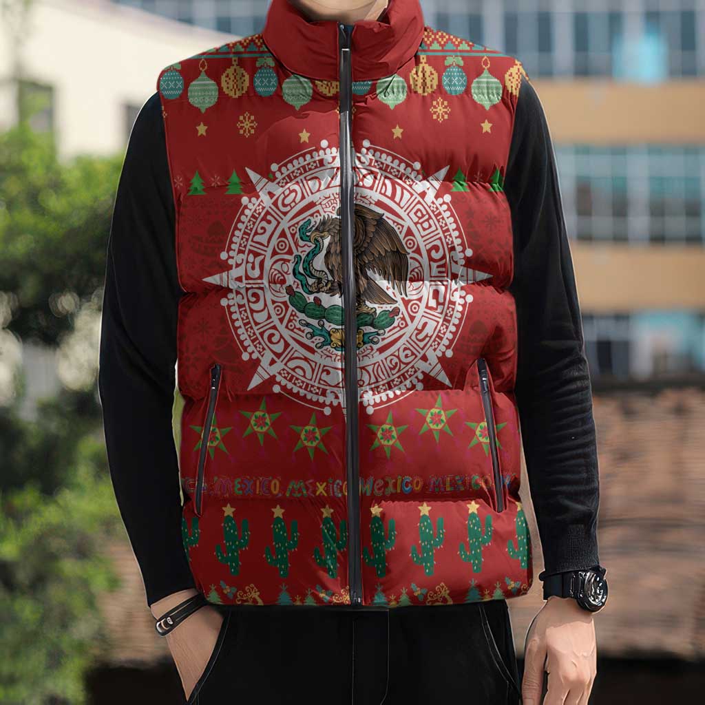 Mexico Merry Christmas Sleeveless Puffer Jacket Mexican Cultural Emblem Xmas Style - Wonder Print Shop