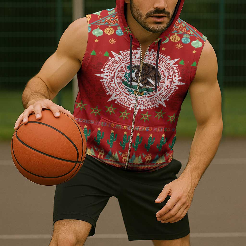 Mexico Merry Christmas Sleeveless Zip Hoodie Mexican Cultural Emblem Xmas Style - Wonder Print Shop