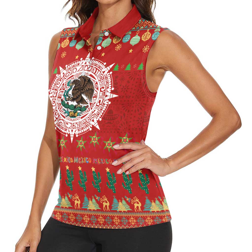 Mexico Merry Christmas Women Sleeveless Polo Shirt Mexican Cultural Emblem Xmas Style - Wonder Print Shop