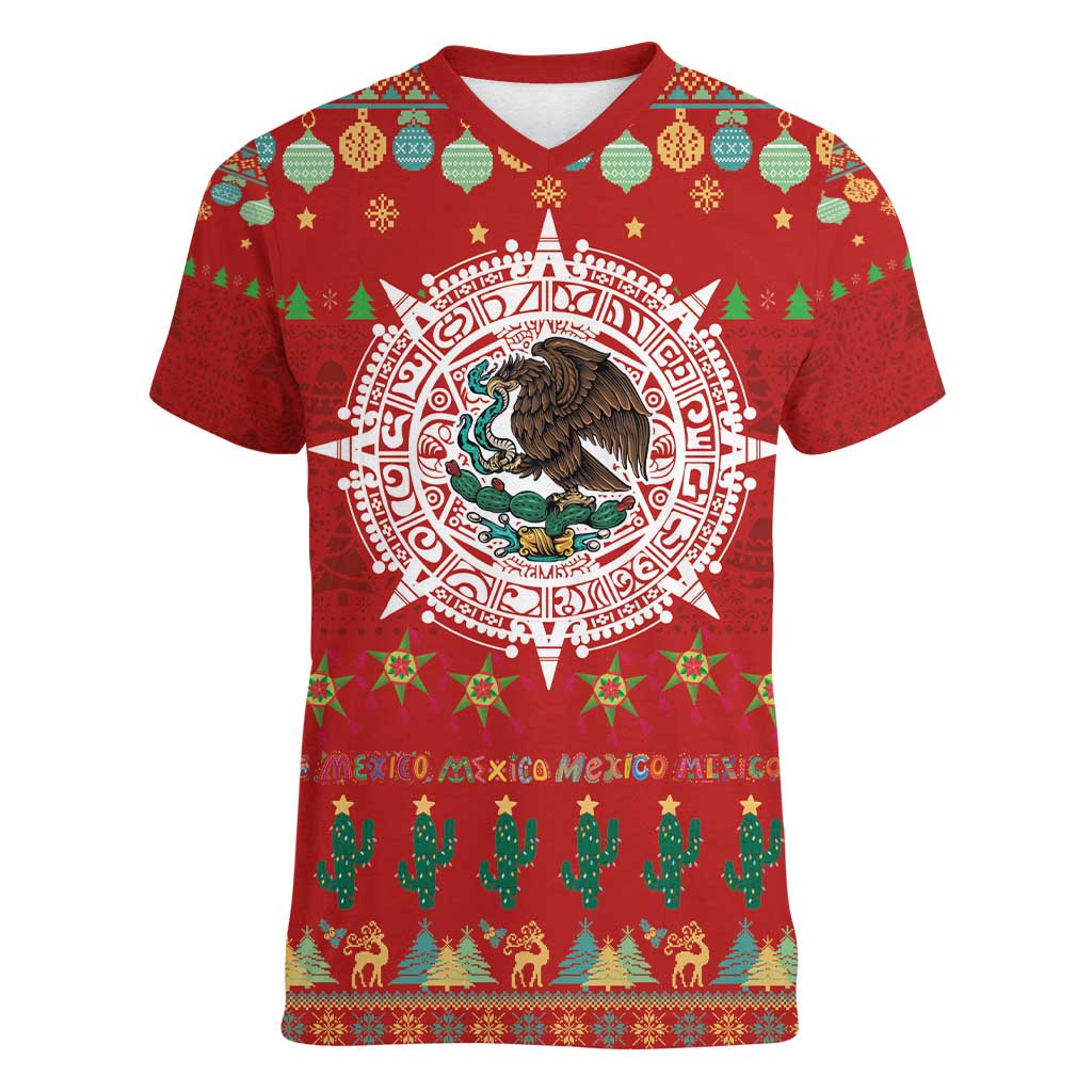 Mexico Merry Christmas Women V-Neck T-Shirt Mexican Cultural Emblem Xmas Style - Wonder Print Shop
