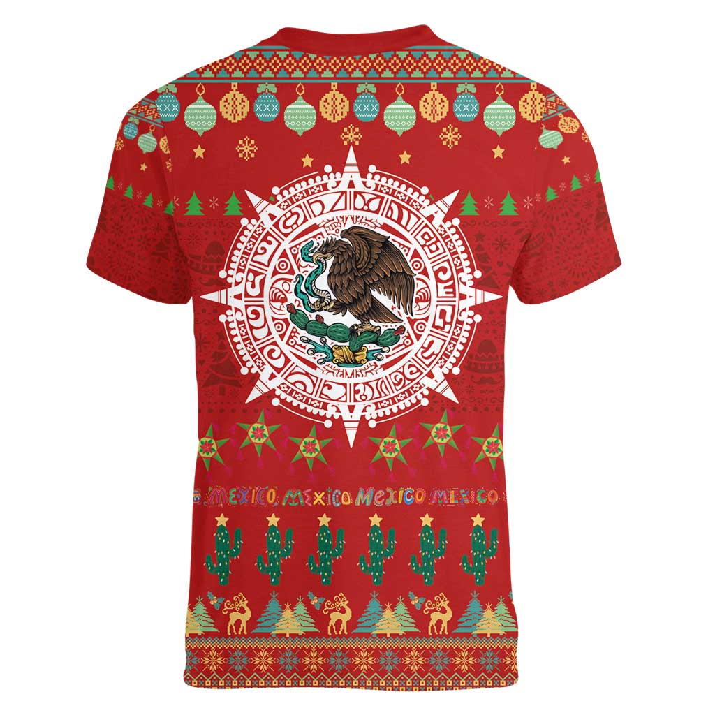 Mexico Merry Christmas Women V-Neck T-Shirt Mexican Cultural Emblem Xmas Style - Wonder Print Shop